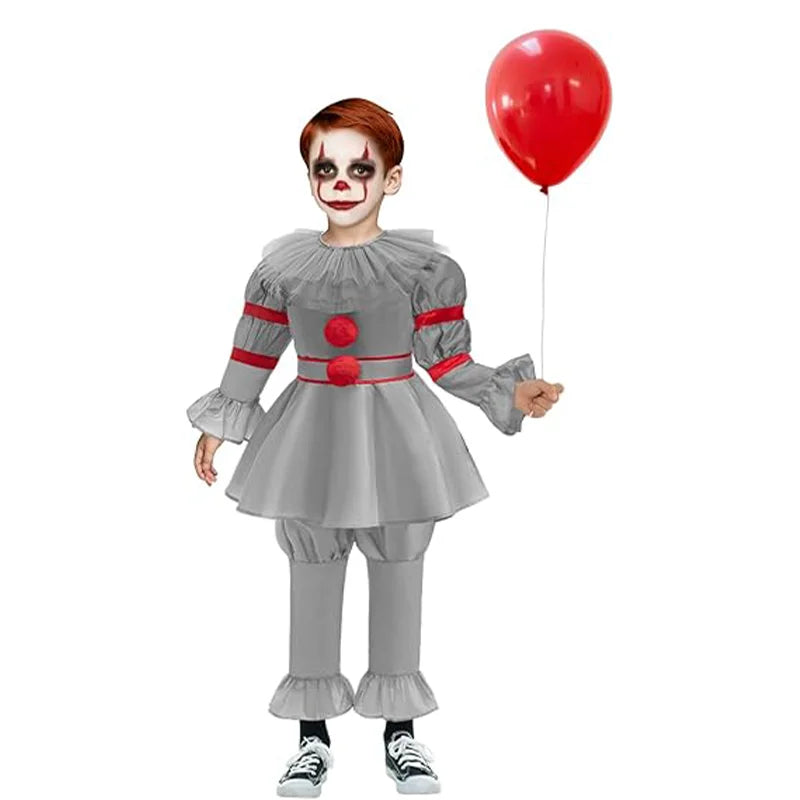 Kids Scary Joker Pennywise Cosplay Costume Horror Ghost Movie It Puff Sleeve Tulle Collar Top With Pants For Halloween Carnival by Geo’s Online Store