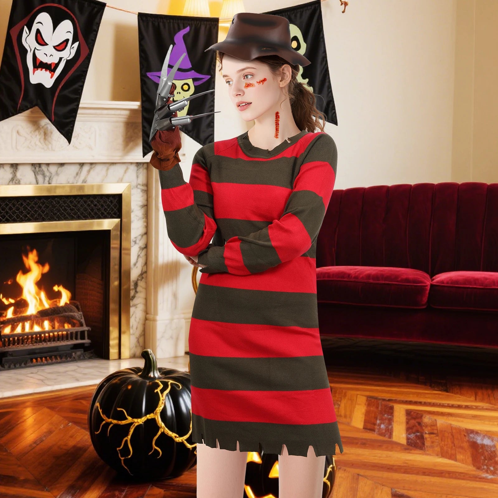 4Pcs Freddy Krueger Costume Women Halloween Nightmare Killer Knitted Dress Hat Gloves Scar Stickers Carnival Costume by Geo’s Online Store