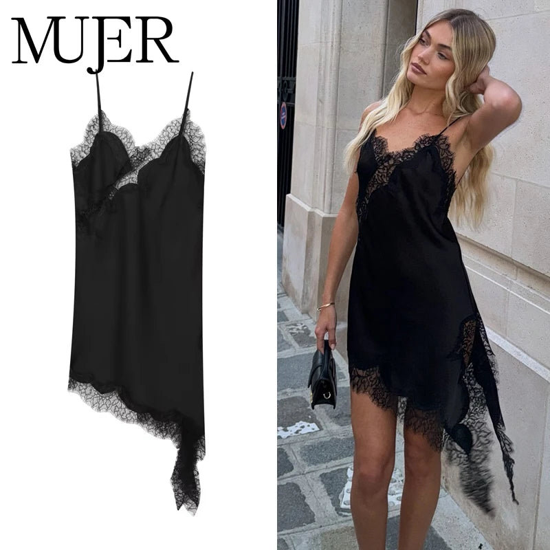 MUJER 2025 Lace Slip Dress Woman Black Backless Short Dresses for Women Asymmetric Party Women's Summer Dress Satin Sexy Dresses by Geo’s Online Store