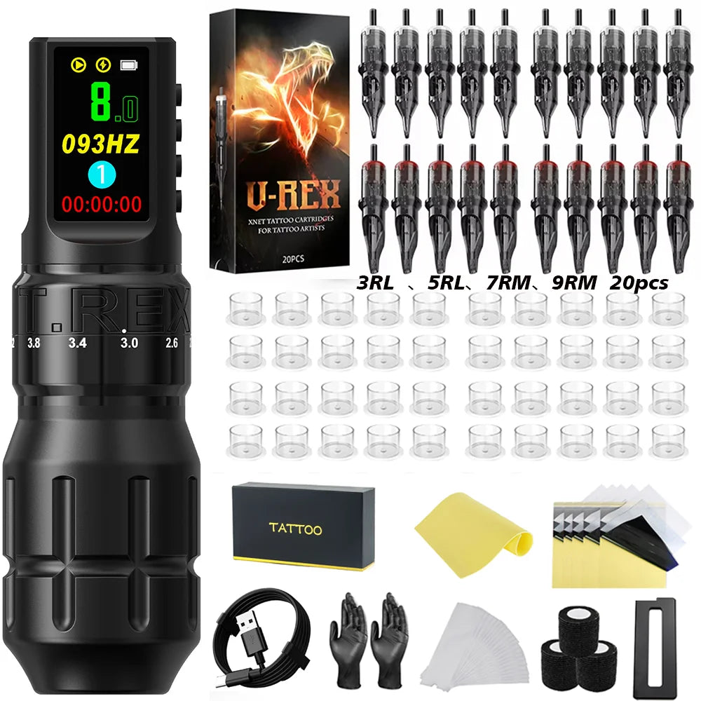 T-Rex Wireless Tattoo Machine Rotaty Pen Kit Adjustable Stroke Custom Motor 1800mAh LCD Screen Battery Makeup Pen For Tattoo Set by Geo’s Online Store