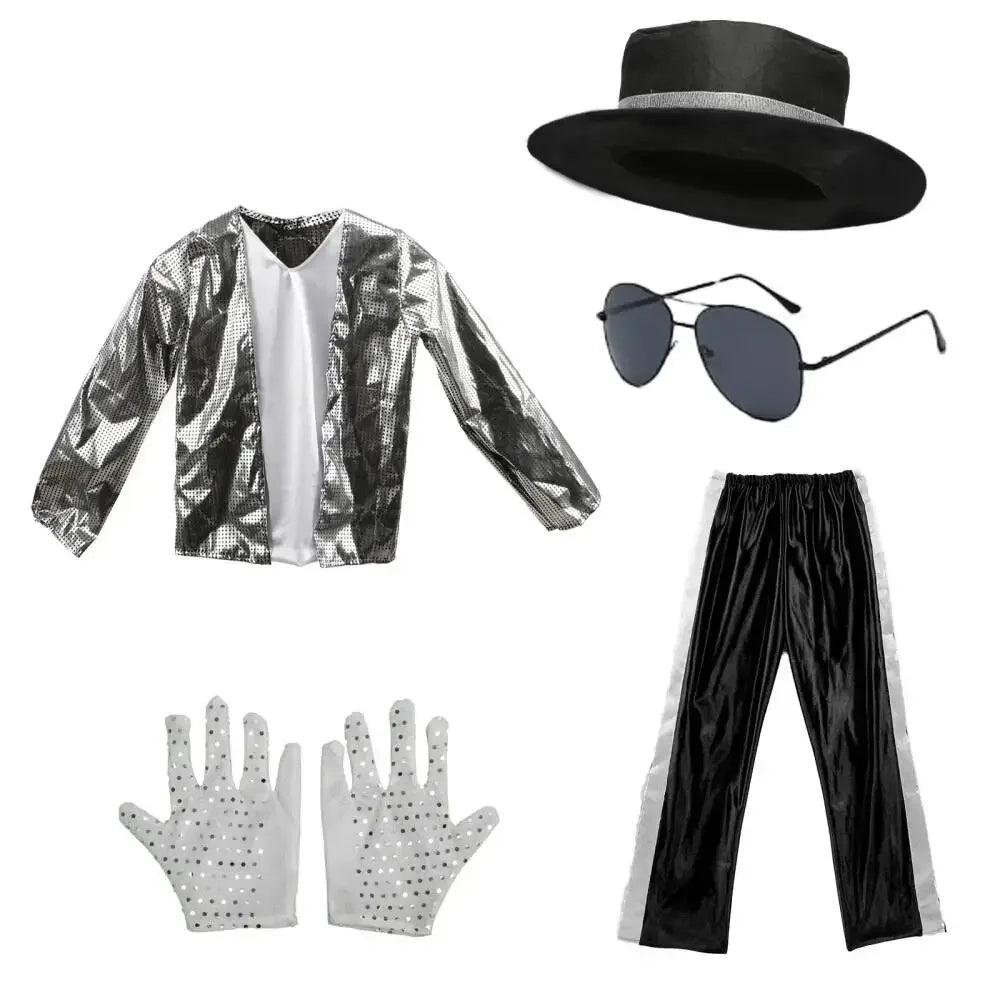 Kids Boy Michael Jackson Billie Jean Cosplay Black Suit Dance Disco Halloween Fancy Dress Up 80s Pop King Costume for Top Pants by Geo’s Online Store