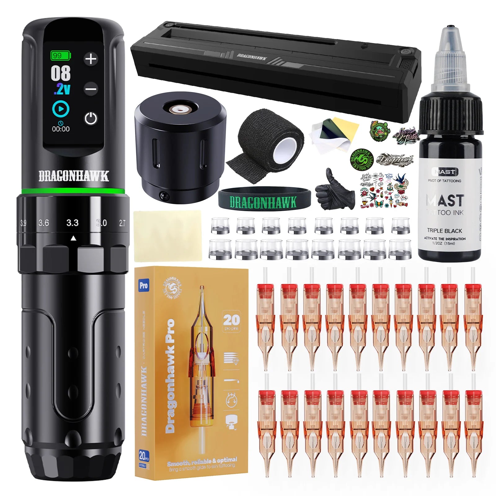 Dragonhawk L3 Tattoo Kit Full Set Thermal Tattoo Stencil Printer 7 Strokes Wireless Tattoo Pen 20 Cartridge Needle for Beginners by Geo’s Online Store