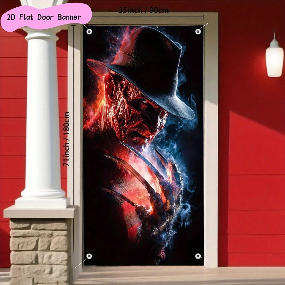 A 2D flat polyester door banner from the horror movie Freddy Krueger, suitable for party decoration and Halloween decoration by Geo’s Online Store