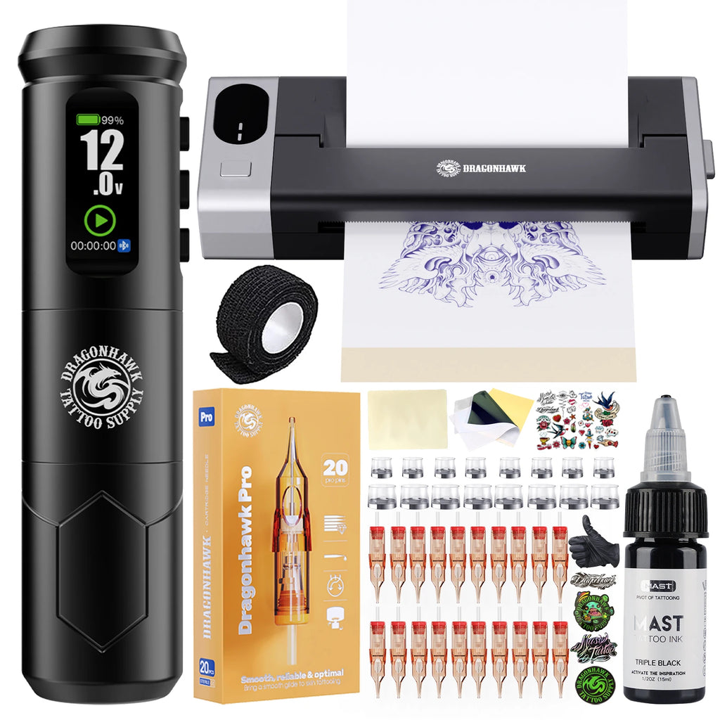 Dragonhawk A1 Pro Tattoo Machine Full Kit A1 Pro Easy To Use Operating Systerm Complete Tattoo Pen Cartridge Needle for Beginner by Geo’s Online Store