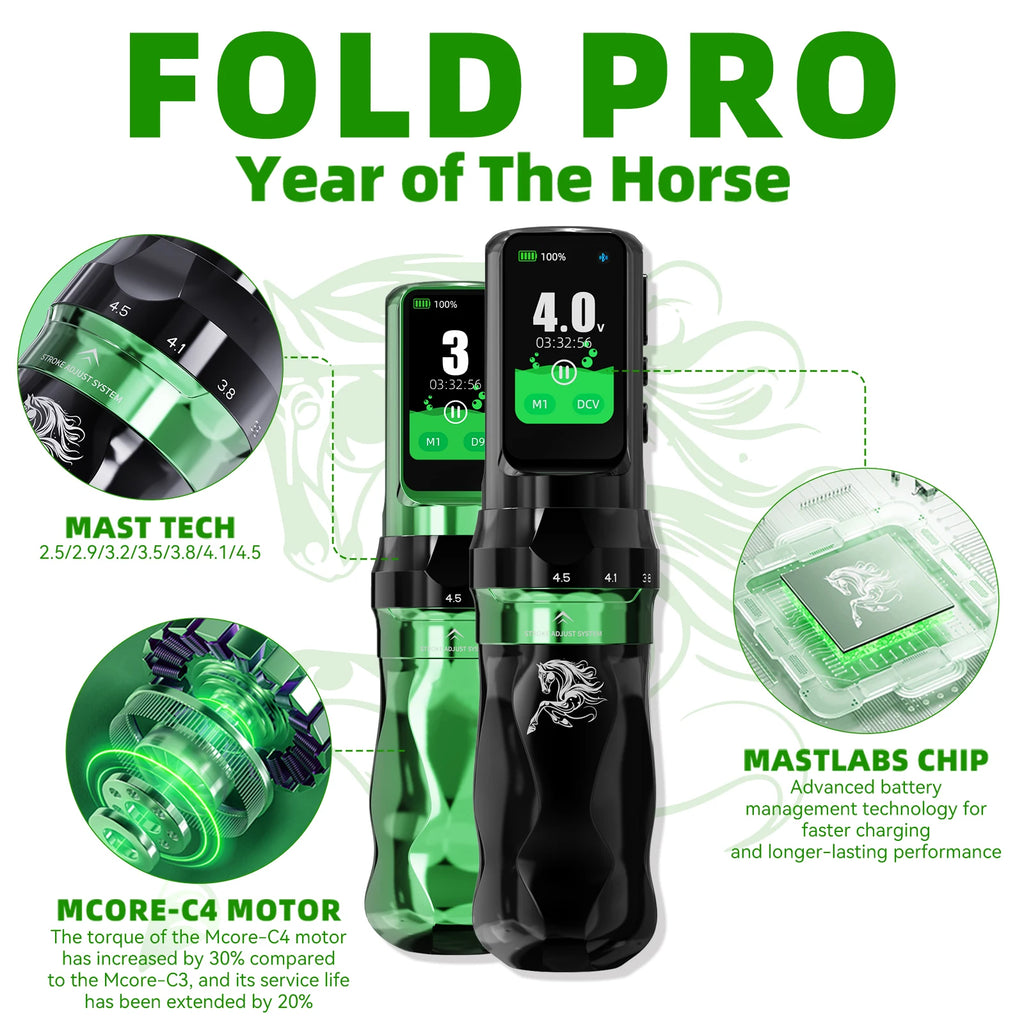 Dragonhawk Fold Pro Year of The Horse Tattoo Machine Pen 7 Strokes Mcore-C4 Motor Low Noise Stable Durable for Pro Tattoo Artist by Geo’s Online Store