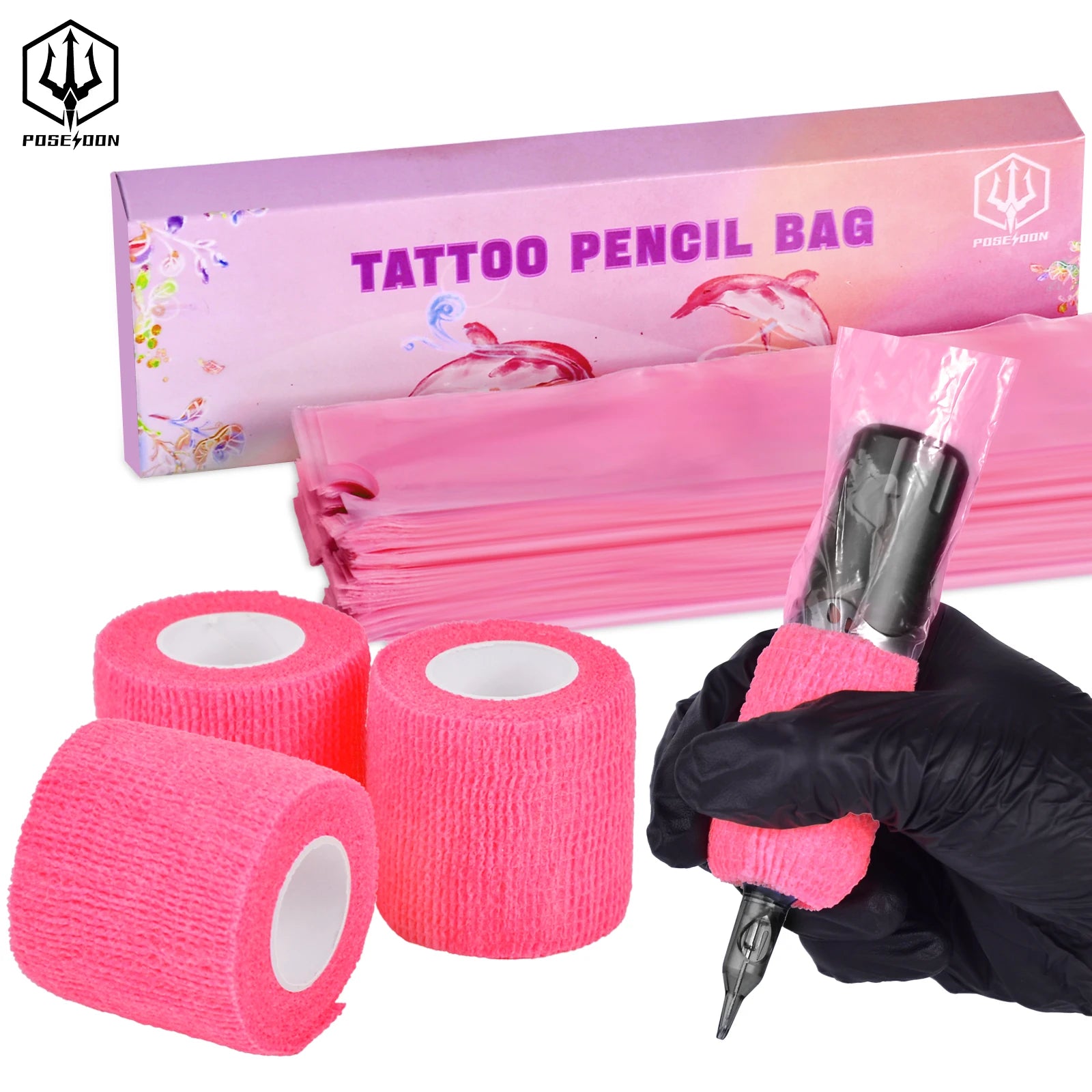 POSEIDON Tattoo Pencil Sleeve Bag Covers 200Pcs and 3Pcs Pink Bandage Practice Taattoo Sets Microblading Supplie for Artists by Geo’s Online Store