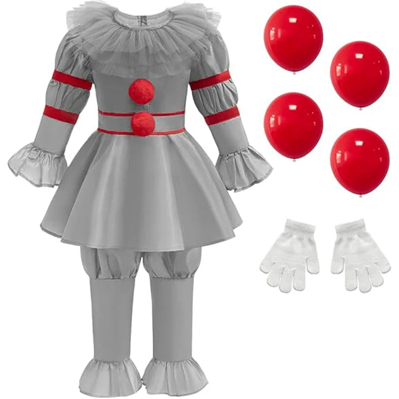 Kids Scary Joker Pennywise Cosplay Costume Horror Ghost Movie It Puff Sleeve Tulle Collar Top With Pants For Halloween Carnival by Geo’s Online Store