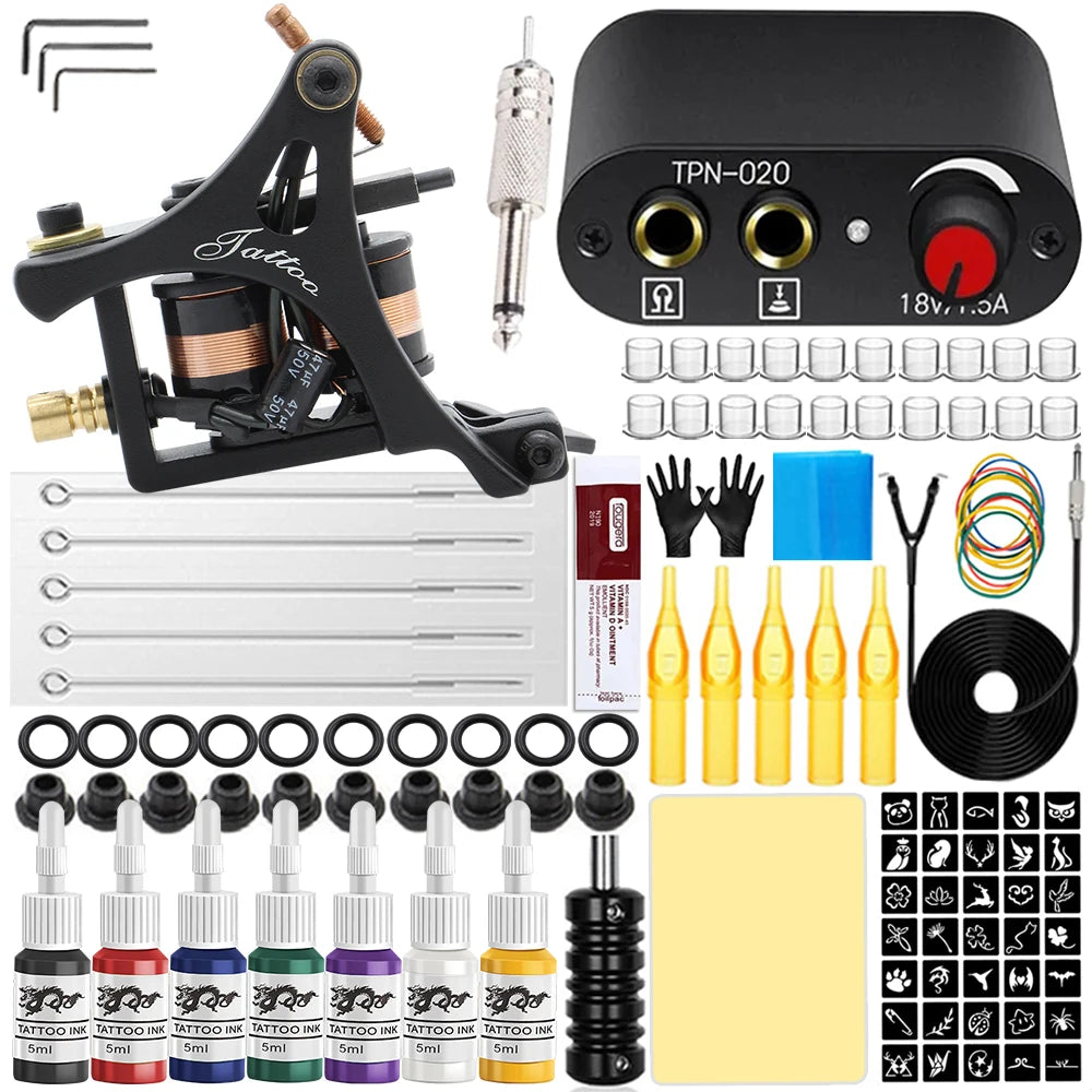 Complete Tattoo Machine Kit Coil Tattoo Machine Set Tattoo Beginner Power Supply Grip Body Art Tools Permanent Makeup Tattoo Set by Geo’s Online Store