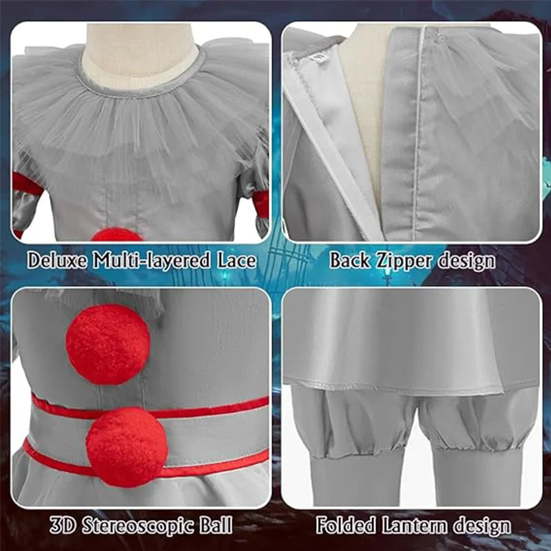 Kids Scary Joker Pennywise Cosplay Costume Horror Ghost Movie It Puff Sleeve Tulle Collar Top With Pants For Halloween Carnival by Geo’s Online Store
