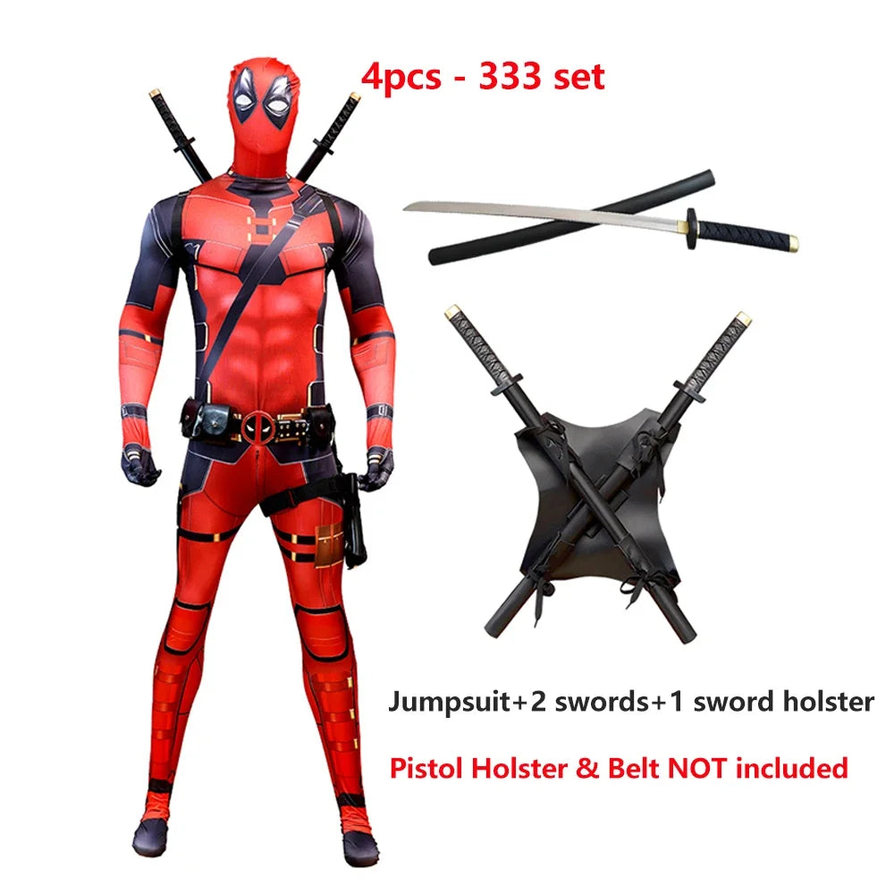 Deadpool Child Costume Halloween Costumes Kids Men Adult Superhero Bodysuit Jumpsuit Children Cosplay Costume Swords Accessories by Geo’s Online Store