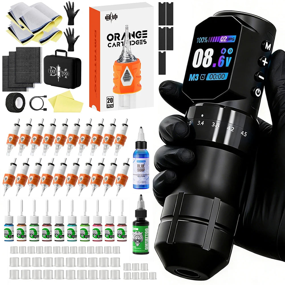 Tattoo Machine Kit Professional Adjustable Stroke Wireless Coreless Brushless Motor Tattoo Pen With Tattoo Blue Soap Tattoo Ink by Geo’s Online Store