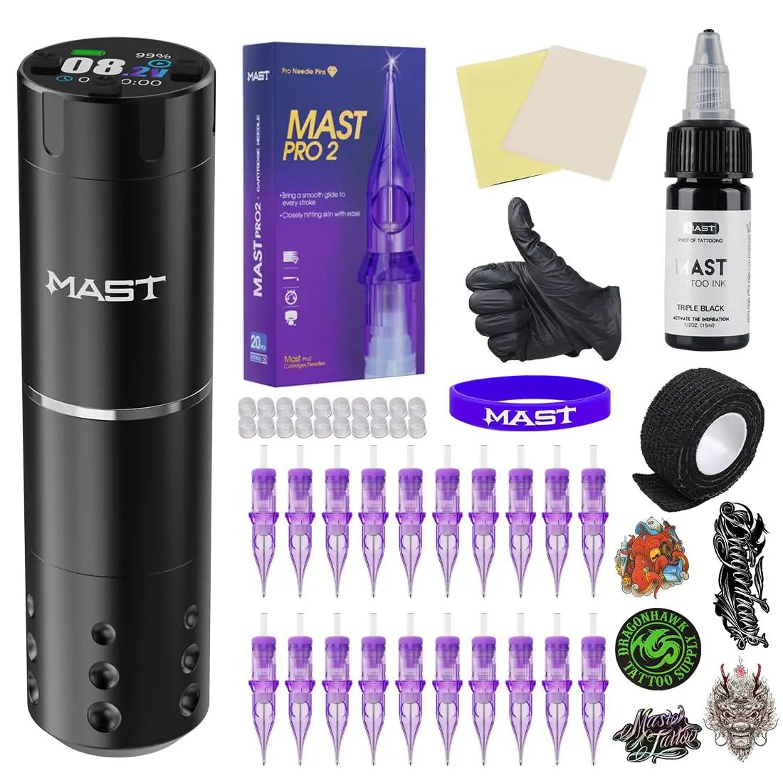 Mast A1 Pro Complete Tattoo Kit Rotary Tattoo Machine 2200mAh Battery Pen 20Pcs Cartridge Needles Tattoo Ink for Beginner by Geo’s Online Store