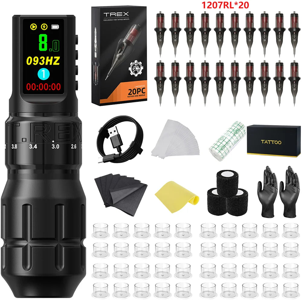 T-Rex Wireless Tattoo Machine Rotaty Pen Kit Adjustable Stroke Custom Motor 1800mAh LCD Screen Battery Makeup Pen For Tattoo Set by Geo’s Online Store