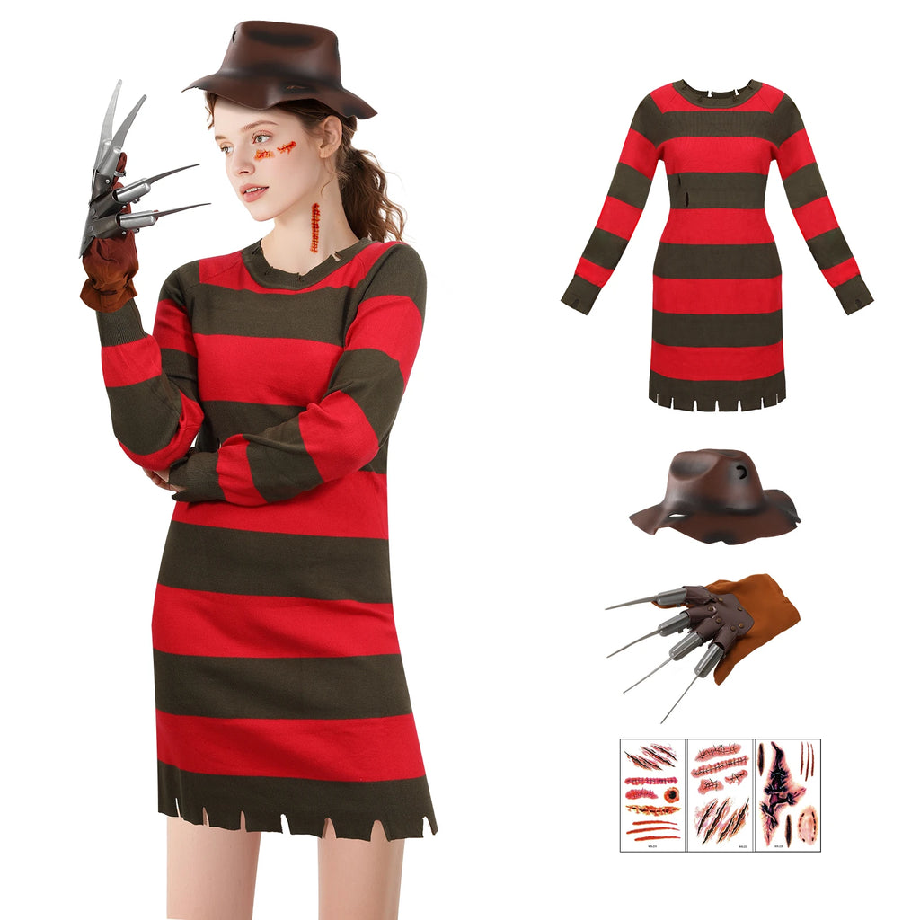 4Pcs Freddy Krueger Costume Women Halloween Nightmare Killer Knitted Dress Hat Gloves Scar Stickers Carnival Costume by Geo’s Online Store