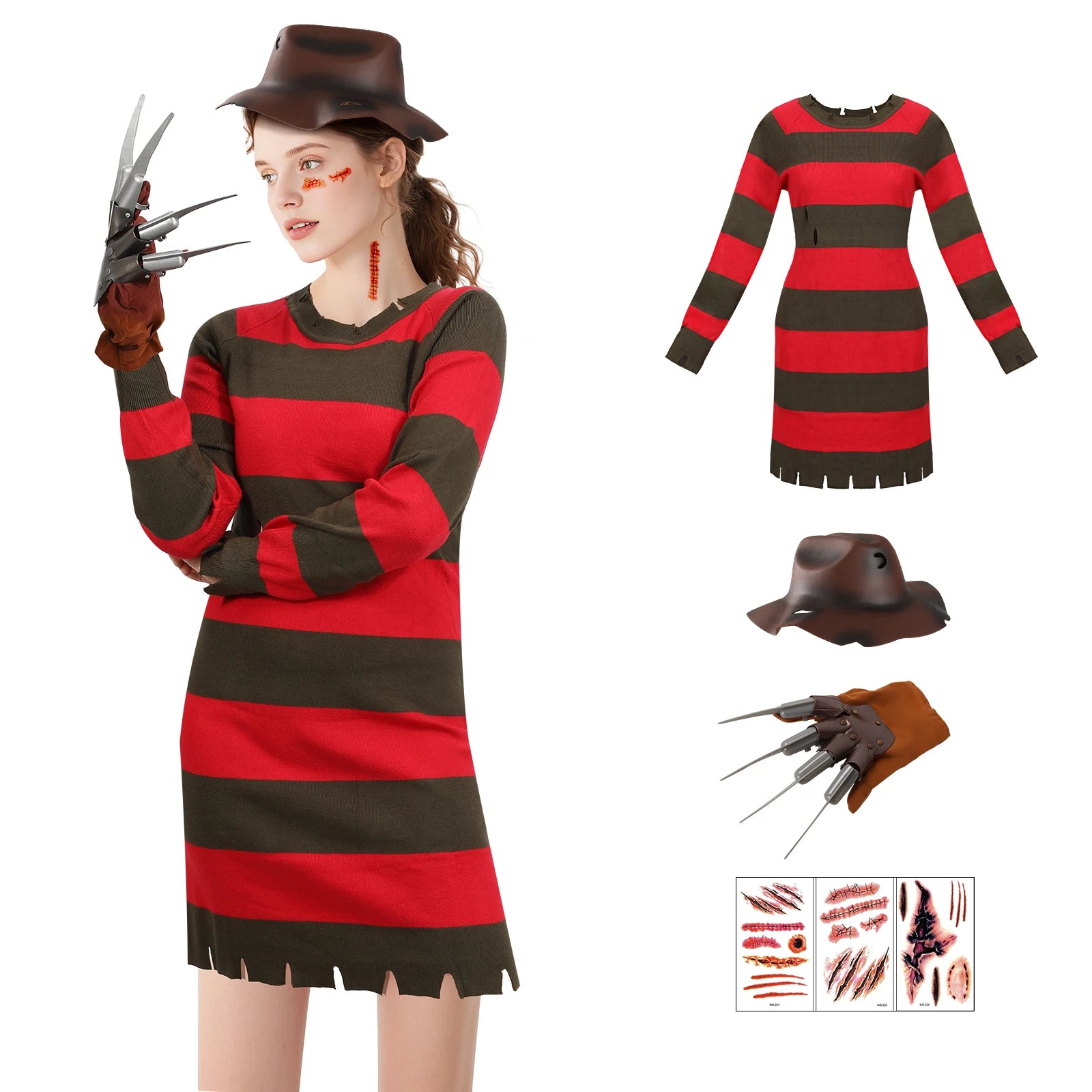 4Pcs Freddy Krueger Costume Women Halloween Nightmare Killer Knitted Dress Hat Gloves Scar Stickers Carnival Costume by Geo’s Online Store