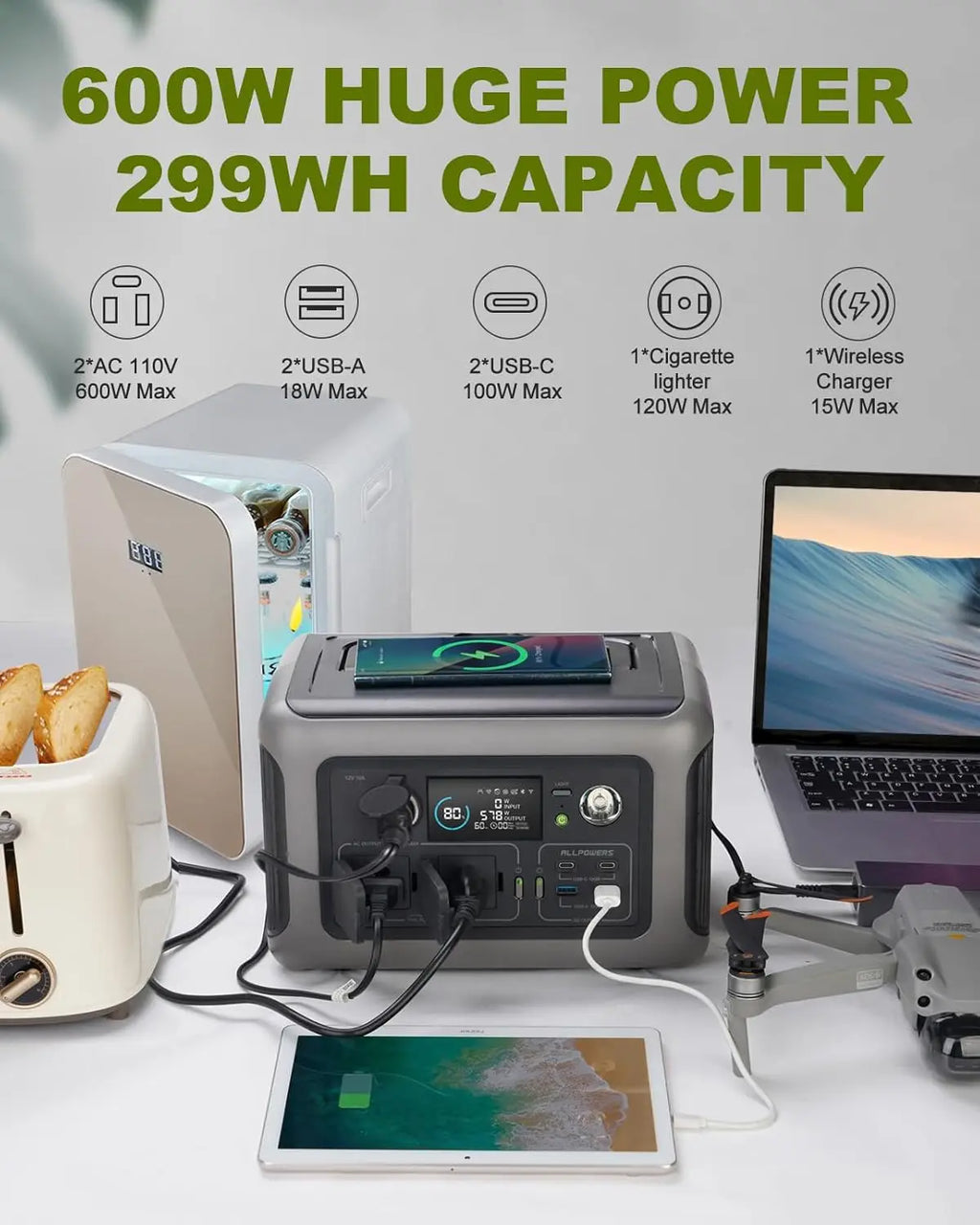 ALLPOWERS Portable Power Station R600, 299Wh LiFeP04 Battery with 2x 600W (1200W Surge) AC Outlets for Outdoor Camping RV Home by Geo’s Online Store