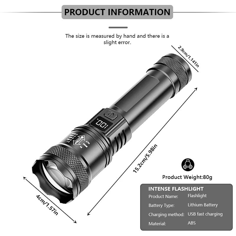 Rechargeable LED Flashlight Zoomable Torch with LCD Display 3 Modes Waterproof High Power Hand Light Outdoor Wilderness Camping by Geo’s Online Store