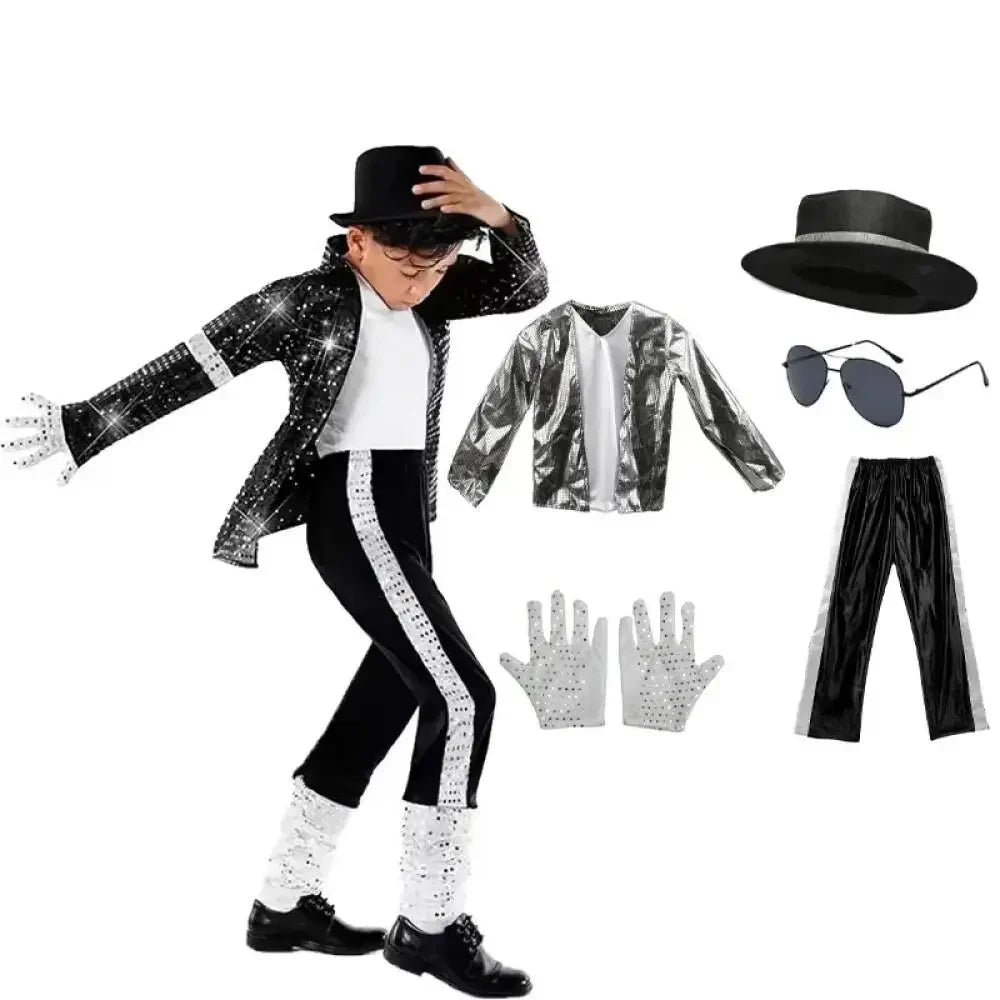 Kids Boy Michael Jackson Billie Jean Cosplay Black Suit Dance Disco Halloween Fancy Dress Up 80s Pop King Costume for Top Pants by Geo’s Online Store