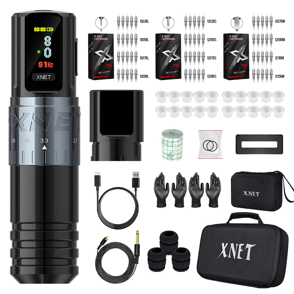 XNET Vipera Wireless Tattoo Machine Kit Adjustable Stroke 2.4-4.2mm OLED Display 60pcs Mixed Tattoo Cartridge for Tattoo Artists by Geo’s Online Store