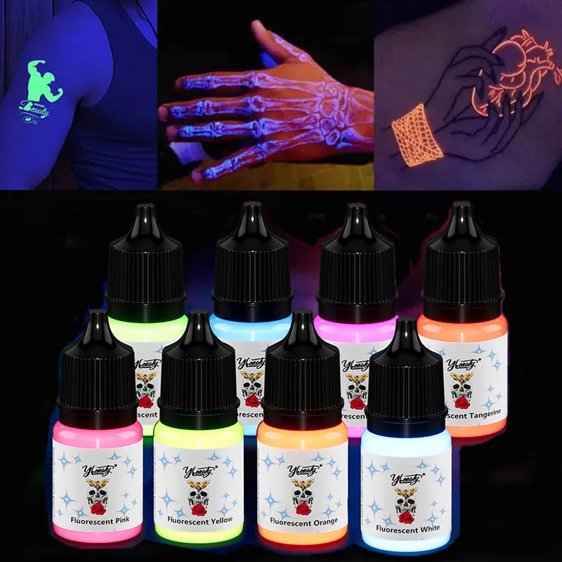 5ml Fluorescent Tattoo Ink Kit 8 Color Fluorescent Tattoo Ink Kit,Safe Non-toxic,Body Art Ink Kit,Glows Under Ultraviolet Light by Geo’s Online Store