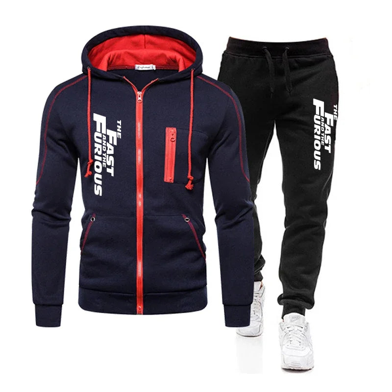 Autumn Winter Popular Mens Tracksuit Zipper Hooded Jacket+Running Pants 2 Piece Set Fast and Furious Print Casual Coat Clothing by Geo’s Online Store