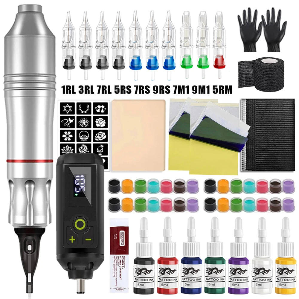 Professional Wireless Tattoo Machine Kit Rotary Tattoo Pen Kit with Wireless Power Supply Inks Needles for Tattoo Beginners Kits by Geo’s Online Store