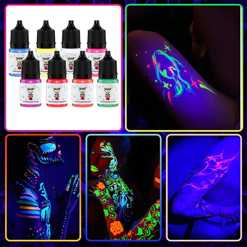 5ml Fluorescent Tattoo Ink Kit 8 Color Fluorescent Tattoo Ink Kit,Safe Non-toxic,Body Art Ink Kit,Glows Under Ultraviolet Light by Geo’s Online Store