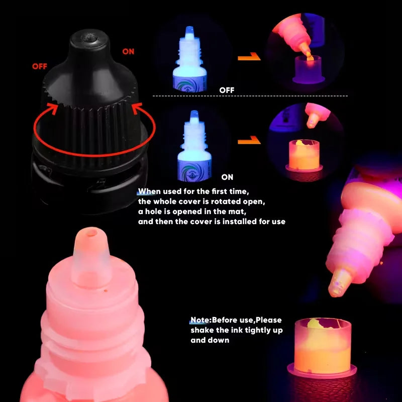 5ml Fluorescent Tattoo Ink Kit 8 Color Fluorescent Tattoo Ink Kit,Safe Non-toxic,Body Art Ink Kit,Glows Under Ultraviolet Light by Geo’s Online Store