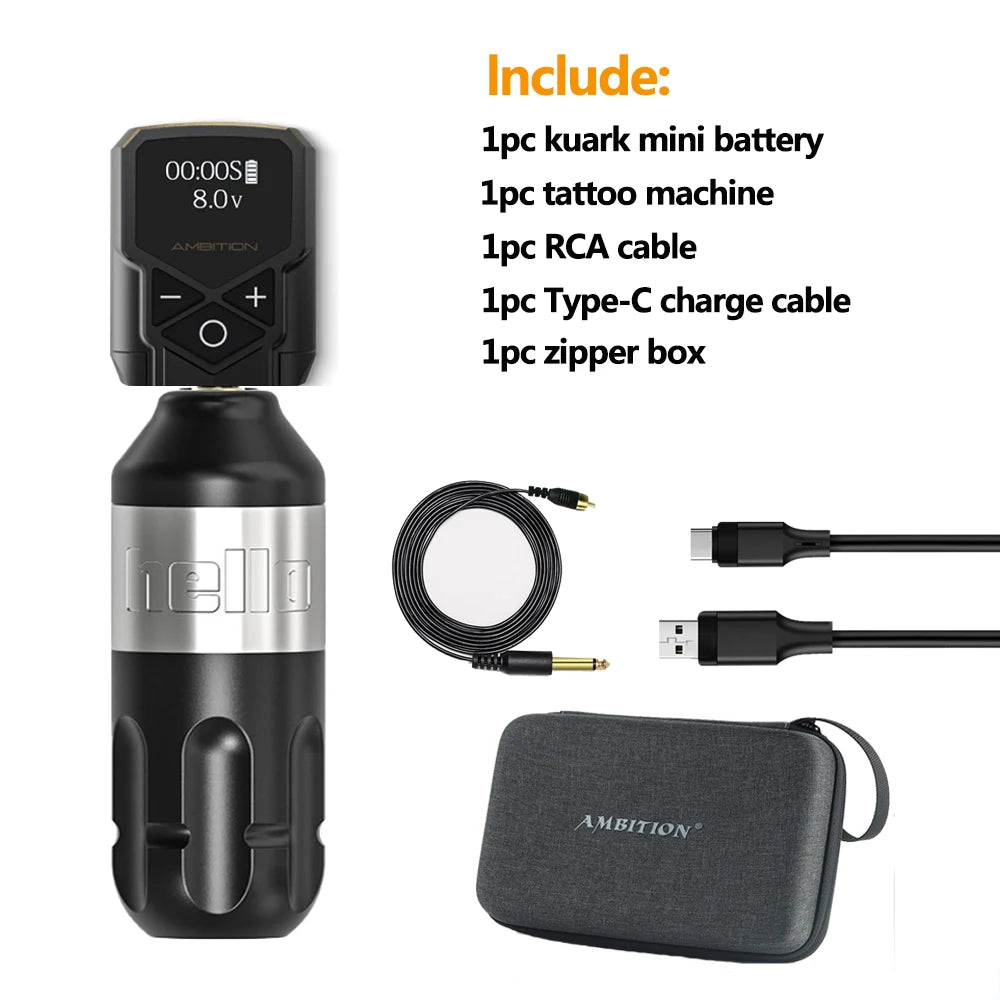 Ambition Tattoo Machine Rotary Pen Kit 2400mAh Wireless Kuark Power Supply Permanent Makeup Eyebrow Lip Tattoo Beginner Artister by Geo’s Online Store