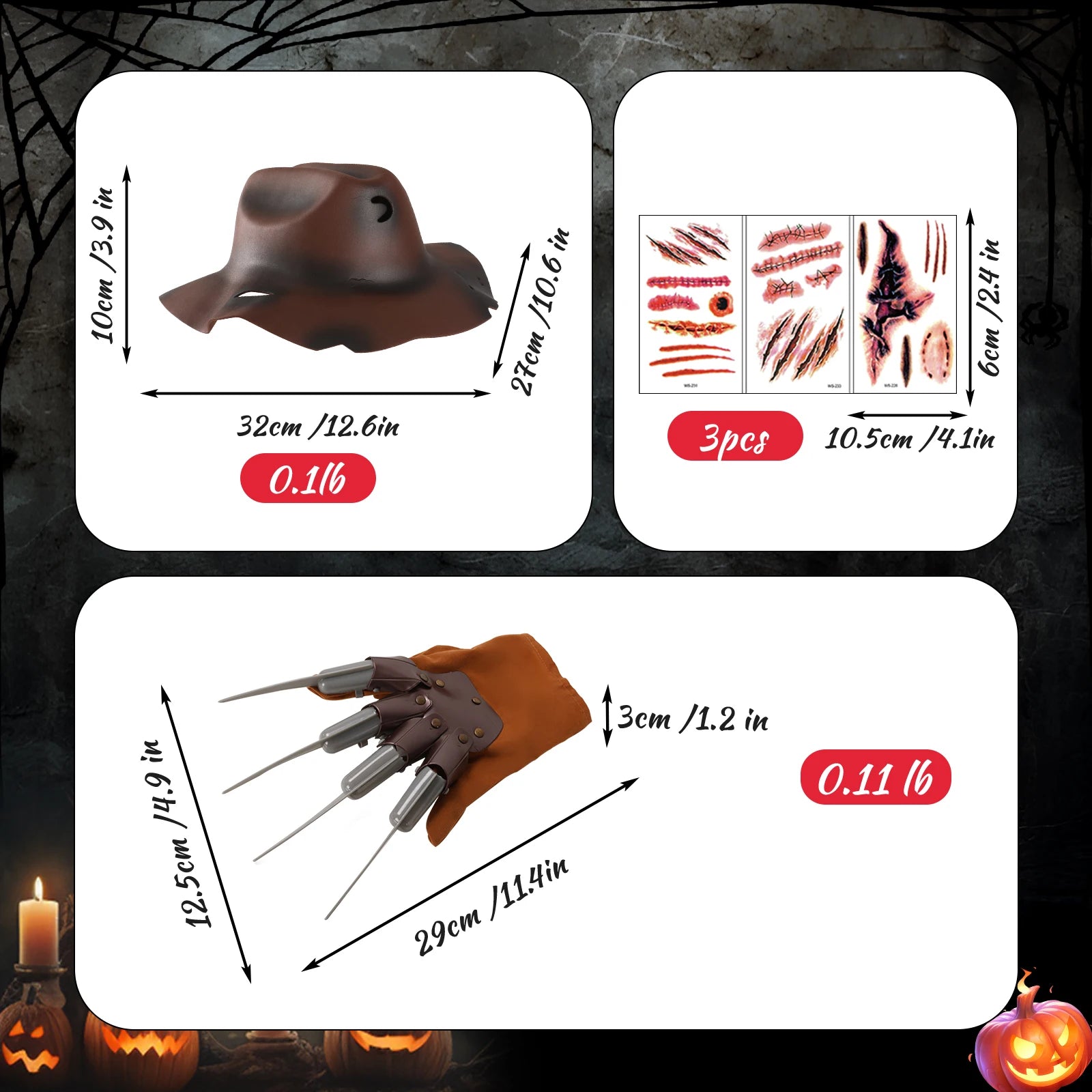 4Pcs Freddy Krueger Costume Women Halloween Nightmare Killer Knitted Dress Hat Gloves Scar Stickers Carnival Costume by Geo’s Online Store
