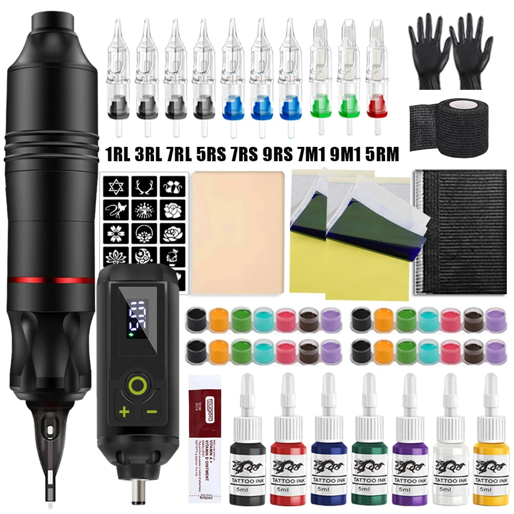 Professional Wireless Tattoo Machine Kit Rotary Tattoo Pen Kit with Wireless Power Supply Inks Needles for Tattoo Beginners Kits by Geo’s Online Store