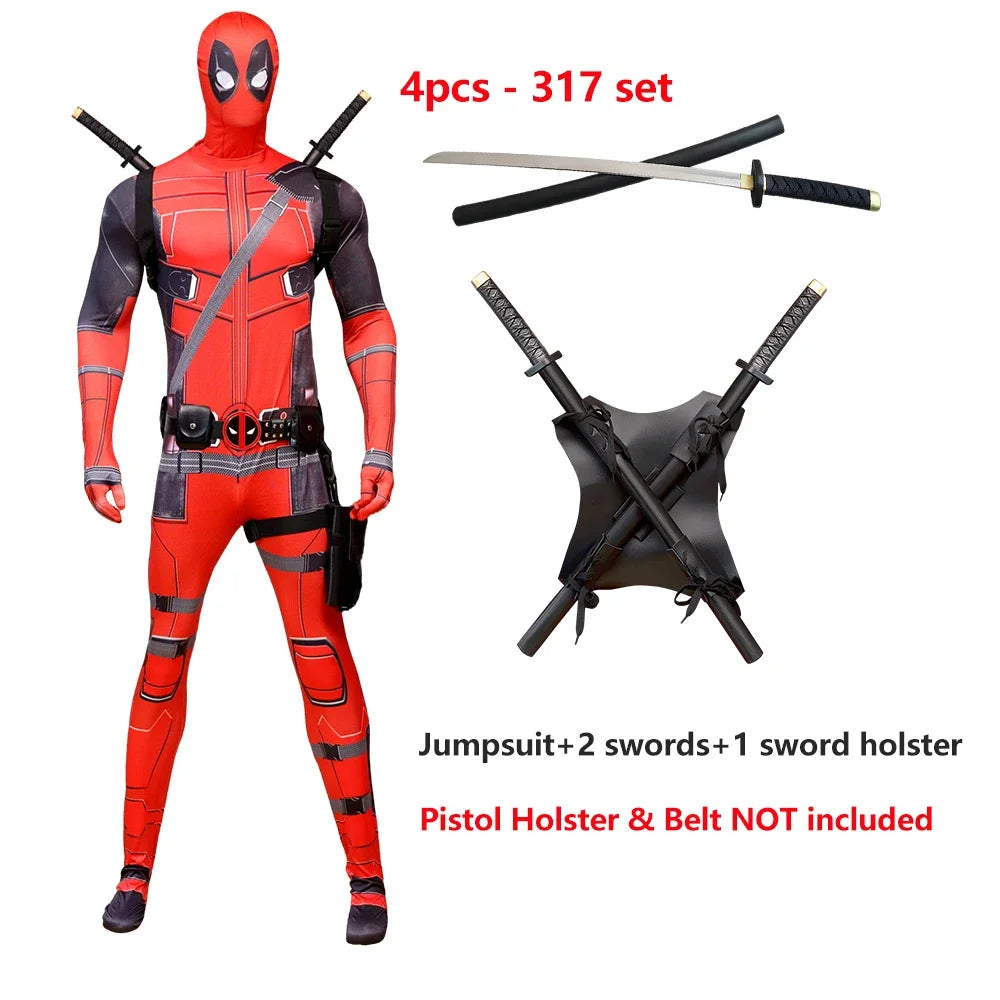 Deadpool Child Costume Halloween Costumes Kids Men Adult Superhero Bodysuit Jumpsuit Children Cosplay Costume Swords Accessories by Geo’s Online Store