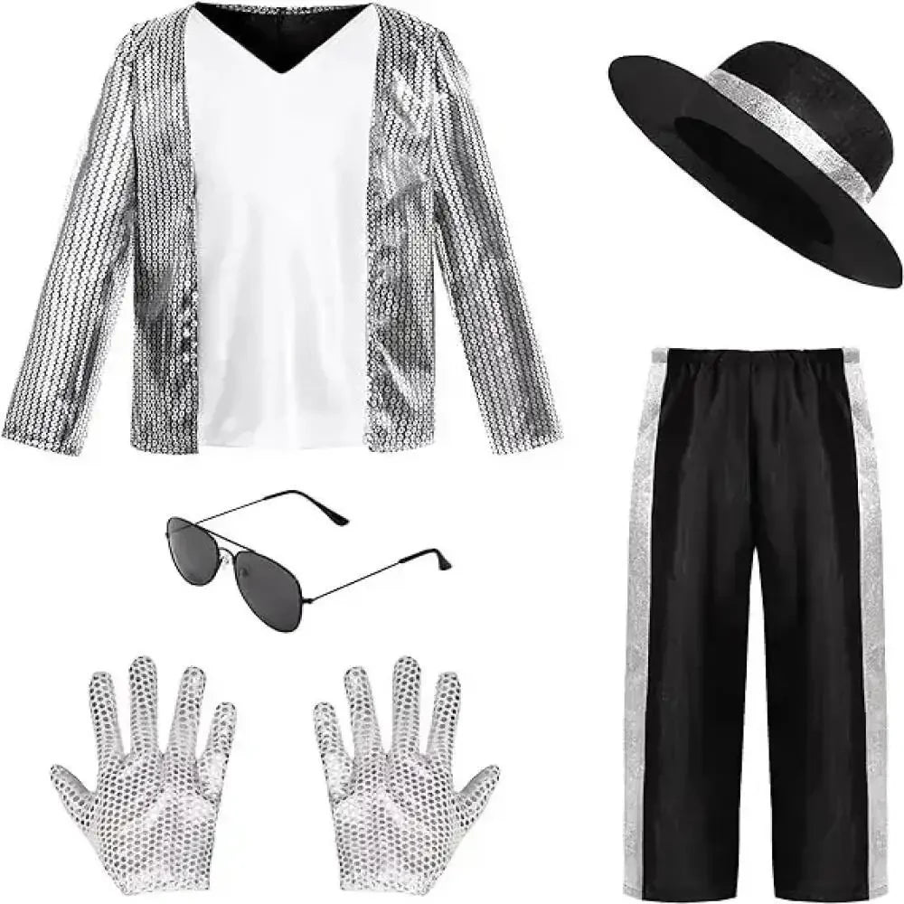 Kids Boy Michael Jackson Billie Jean Cosplay Black Suit Dance Disco Halloween Fancy Dress Up 80s Pop King Costume for Top Pants by Geo’s Online Store