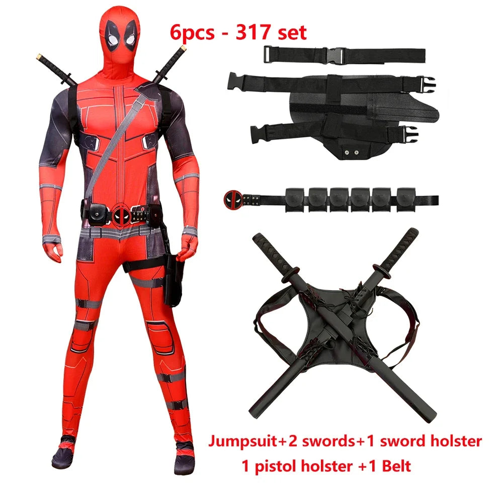Deadpool Child Costume Halloween Costumes Kids Men Adult Superhero Bodysuit Jumpsuit Children Cosplay Costume Swords Accessories by Geo’s Online Store