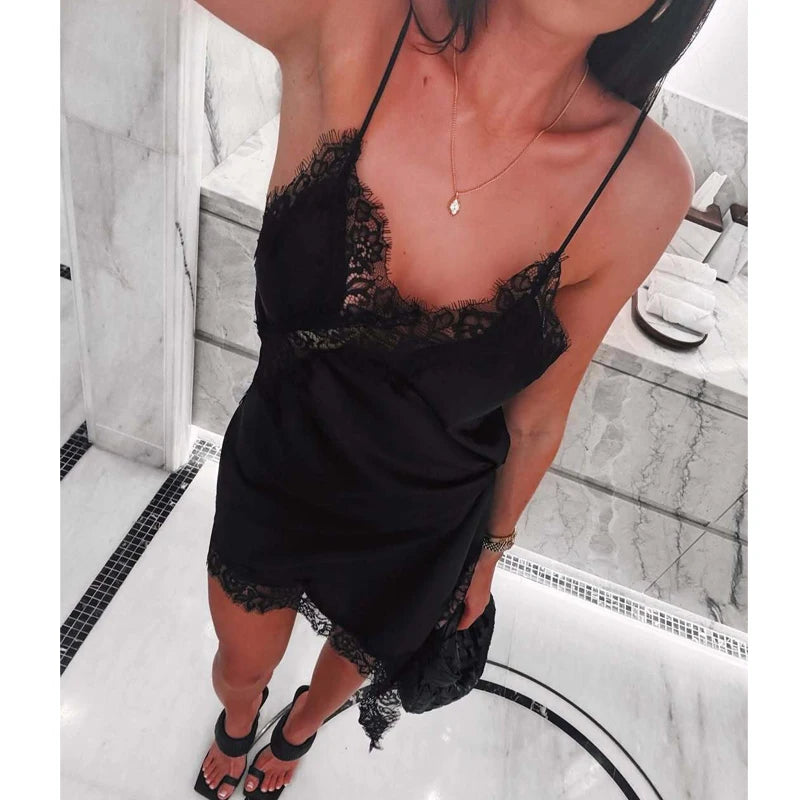 MUJER 2025 Lace Slip Dress Woman Black Backless Short Dresses for Women Asymmetric Party Women's Summer Dress Satin Sexy Dresses by Geo’s Online Store