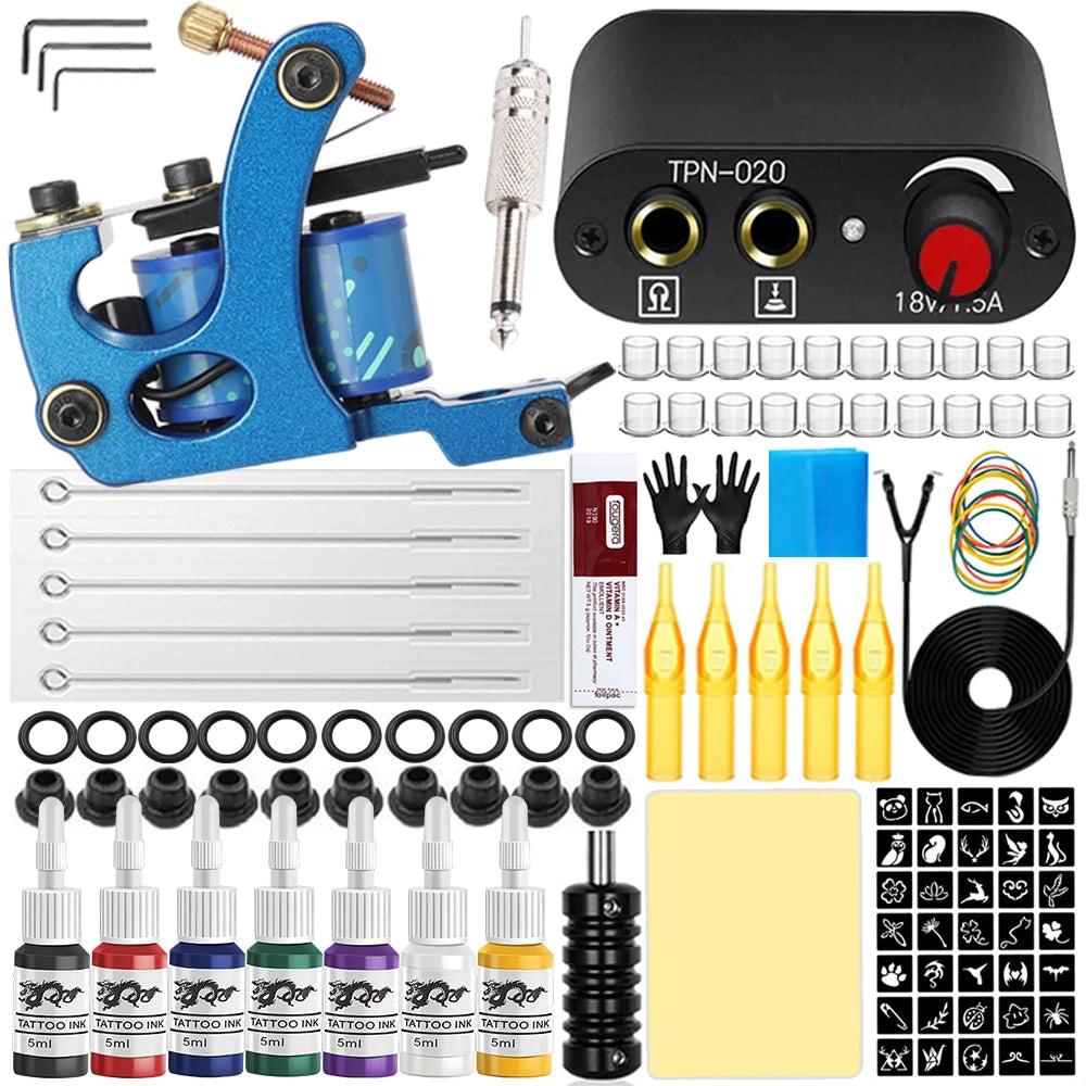 Complete Tattoo Machine Kit Coil Tattoo Machine Set Tattoo Beginner Power Supply Grip Body Art Tools Permanent Makeup Tattoo Set by Geo’s Online Store