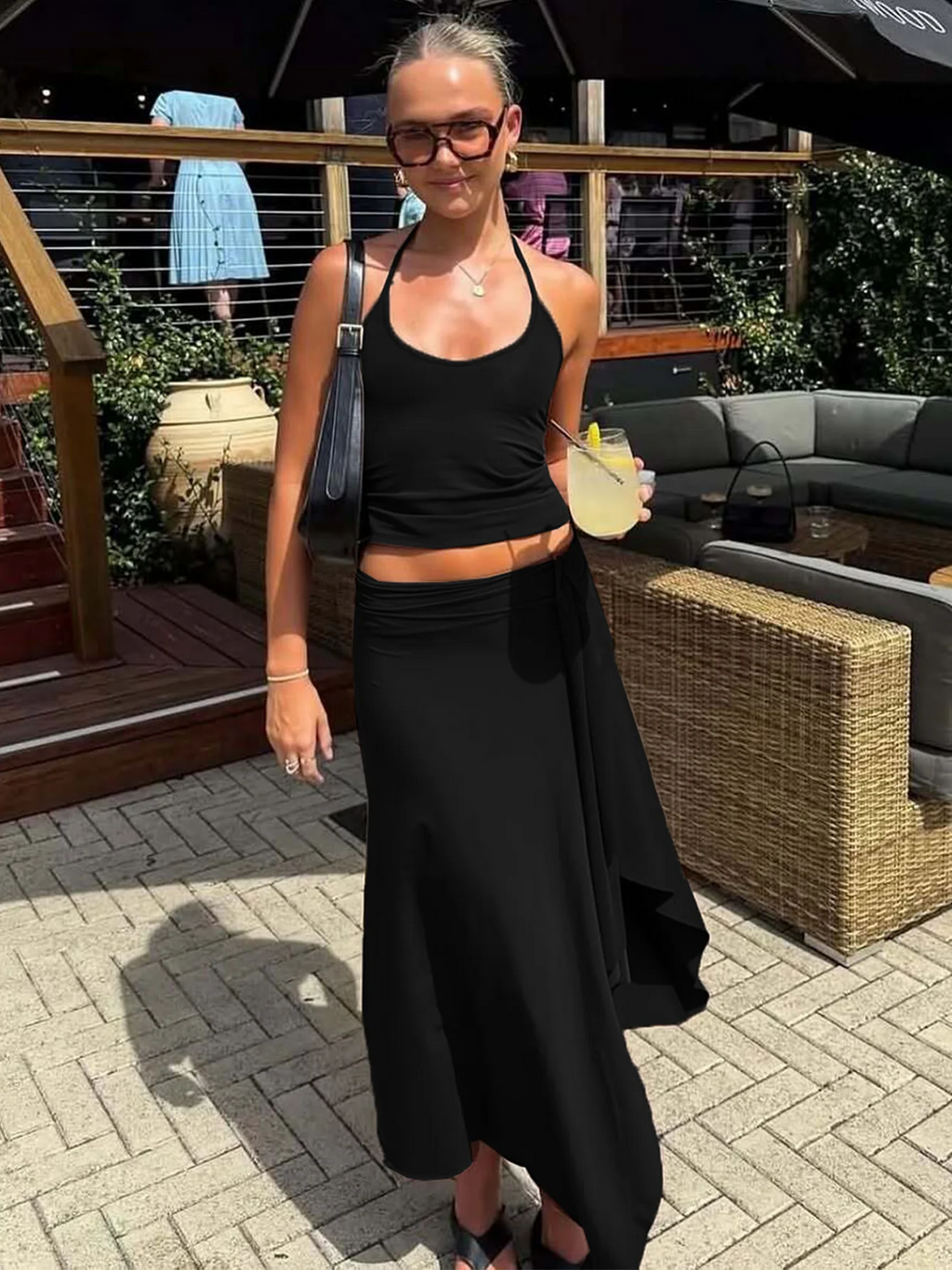 Hugcitar Fashion 2 Pcs Sets Halter Solid Backless Lace Up Sexy Crop Tank Top Ruched Maxi Skirt Women Outfit Beach Vacation Sport by Geo’s Online Store