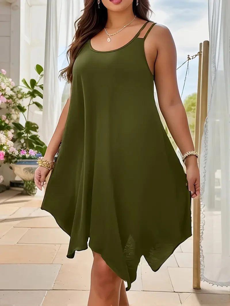 Plus Size Womens Solid Strappy Asymmetrical Hem T Shirt Midi Dress Ladies Sleeveless Casual Loose Summer Holiday Sundress XL-5XL by Geo’s Online Store
