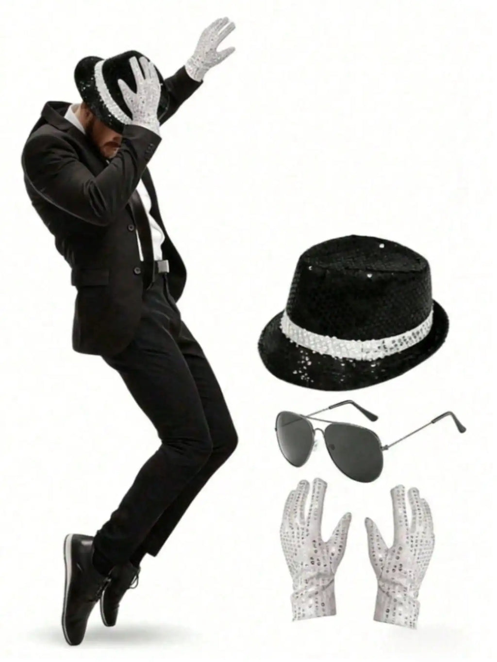 Michael Jackson Costume Accessories Set - Sequin Fedora Hat + Rhinestone Gloves + Aviator Sunglasses, Halloween Cosplay Party Dr by Geo’s Online Store