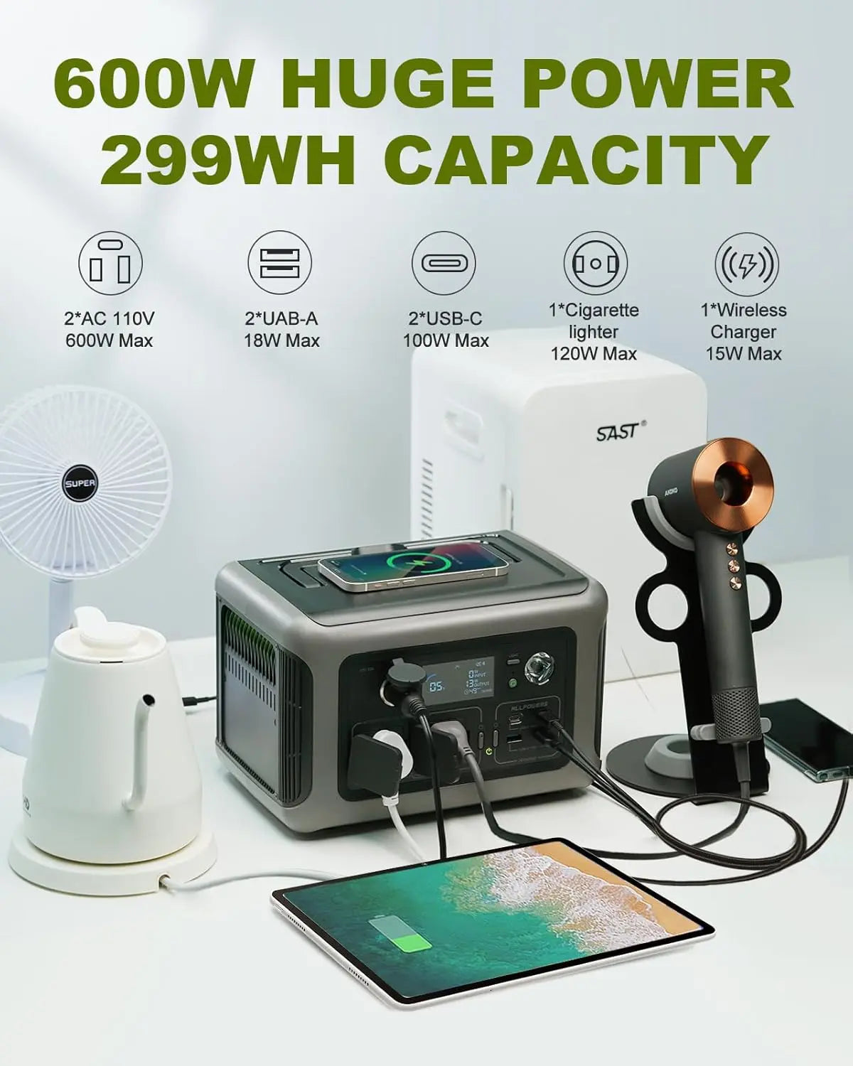 ALLPOWERS Portable Power Station R600, 299Wh LiFeP04 Battery with 2x 600W (1200W Surge) AC Outlets for Outdoor Camping RV Home by Geo’s Online Store