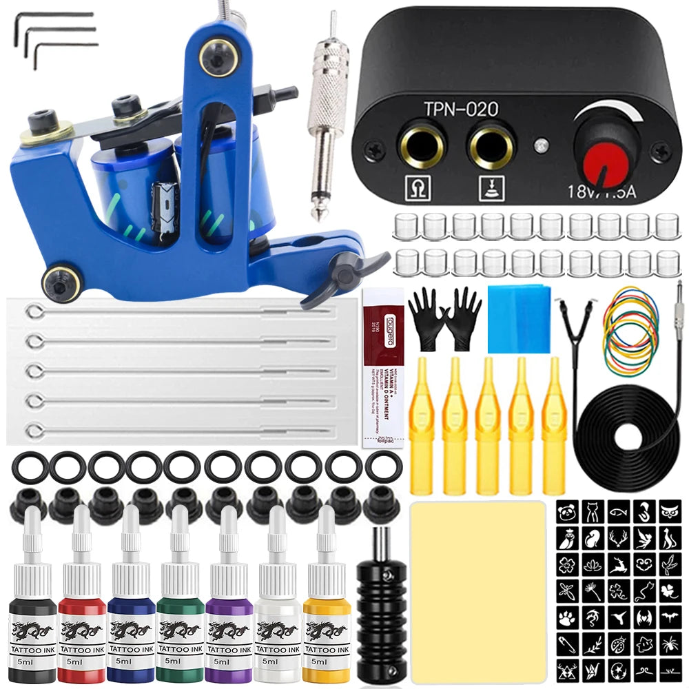Complete Tattoo Machine Kit Coil Tattoo Machine Set Tattoo Beginner Power Supply Grip Body Art Tools Permanent Makeup Tattoo Set by Geo’s Online Store