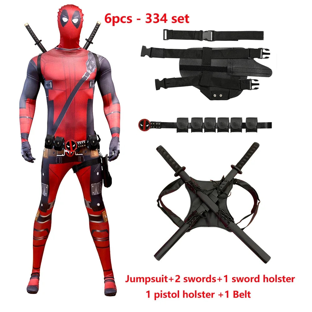 Deadpool Child Costume Halloween Costumes Kids Men Adult Superhero Bodysuit Jumpsuit Children Cosplay Costume Swords Accessories by Geo’s Online Store