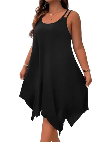 Plus Size Womens Solid Strappy Asymmetrical Hem T Shirt Midi Dress Ladies Sleeveless Casual Loose Summer Holiday Sundress XL-5XL by Geo’s Online Store