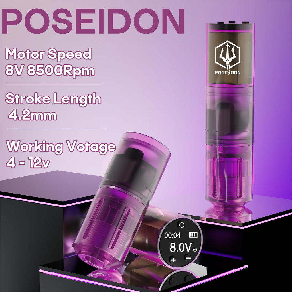 Tattoo Kit POSEIDON High Power Tattoo Pen Kit For Permanent Makeup Tattoo Machine Kit Hot Purple Tattoo Power Supply Tattoo Gun by Geo’s Online Store