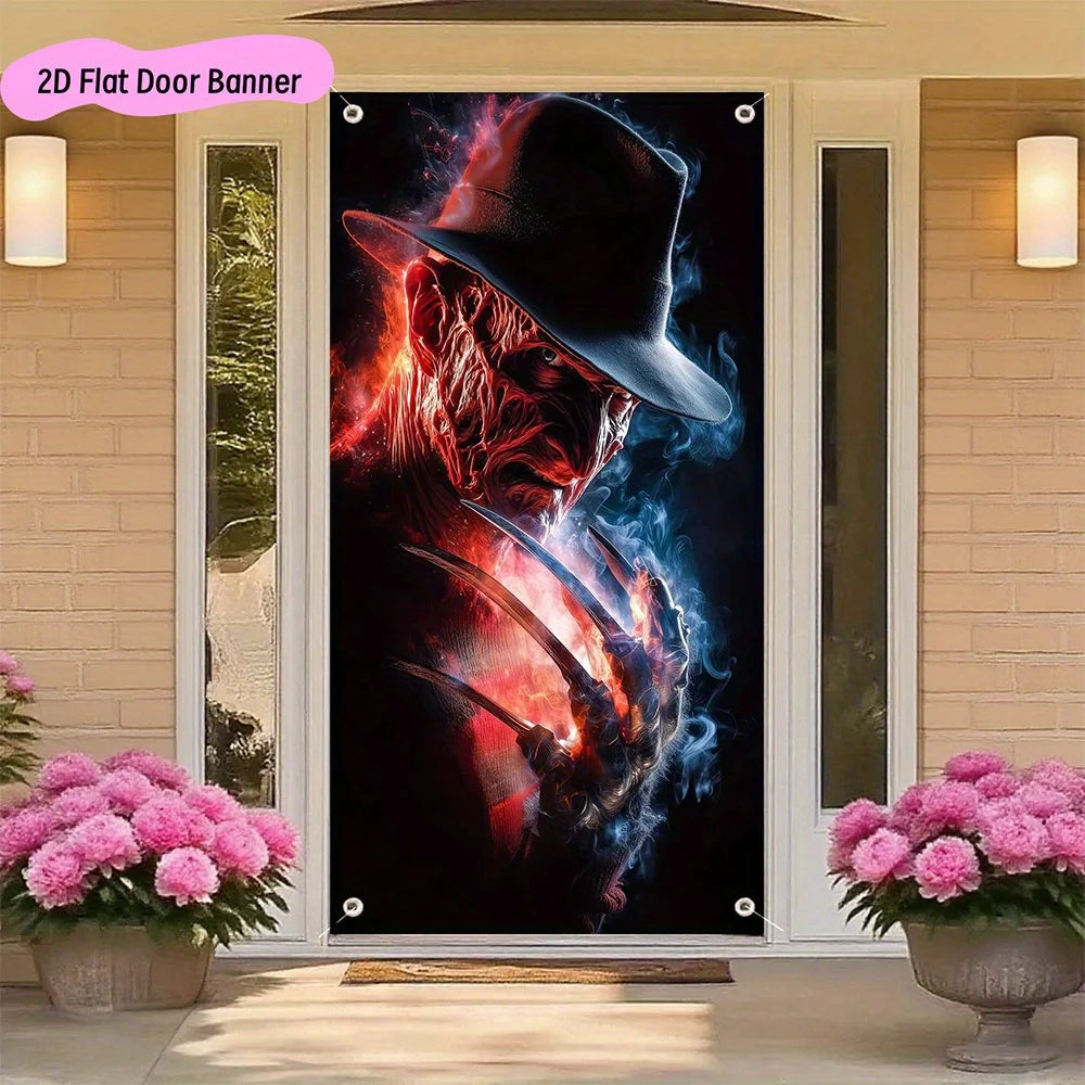 A 2D flat polyester door banner from the horror movie Freddy Krueger, suitable for party decoration and Halloween decoration by Geo’s Online Store