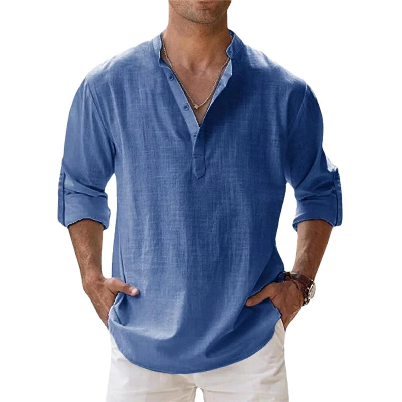 New Cotton Linen Shirts for Men Casual Shirts Lightweight Long Sleeve Henley Beach Shirts Hawaiian T Shirts for Men by Geo’s Online Store