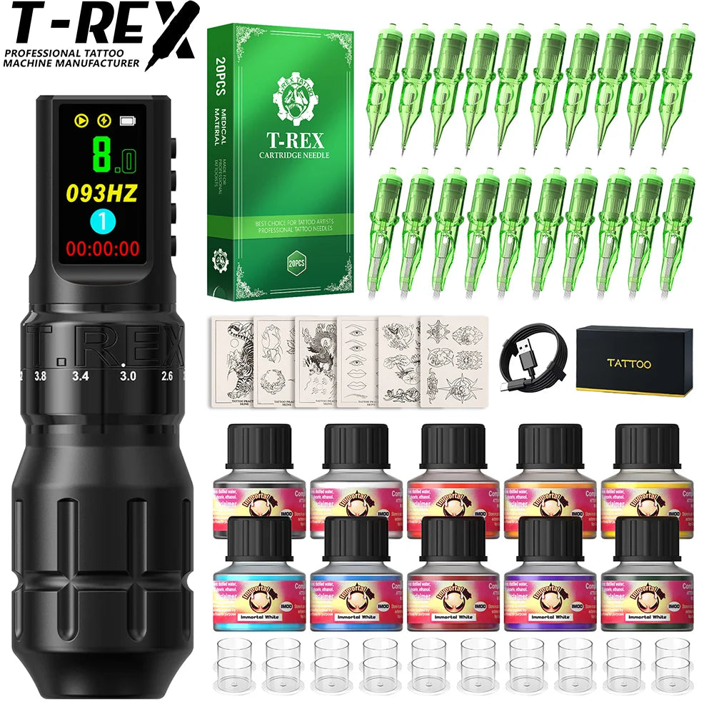 T-Rex Wireless Tattoo Machine Rotaty Pen Kit Adjustable Stroke Custom Motor 1800mAh LCD Screen Battery Makeup Pen For Tattoo Set by Geo’s Online Store