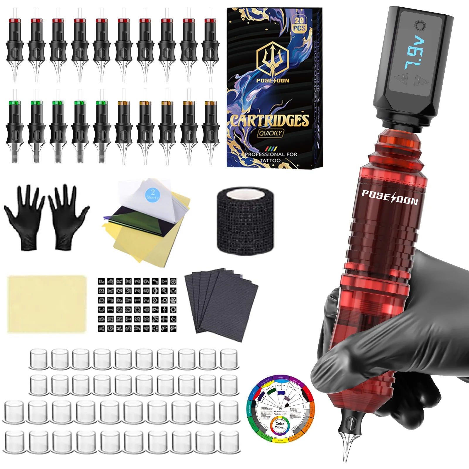 POSEIDON Tattoo Kit V5 Tattoo Pen Kit For Permanent Makeup Tattoo Machine Kit New Red Wireless Tattoo Power Supply Tattoo Gun Ki by Geo’s Online Store