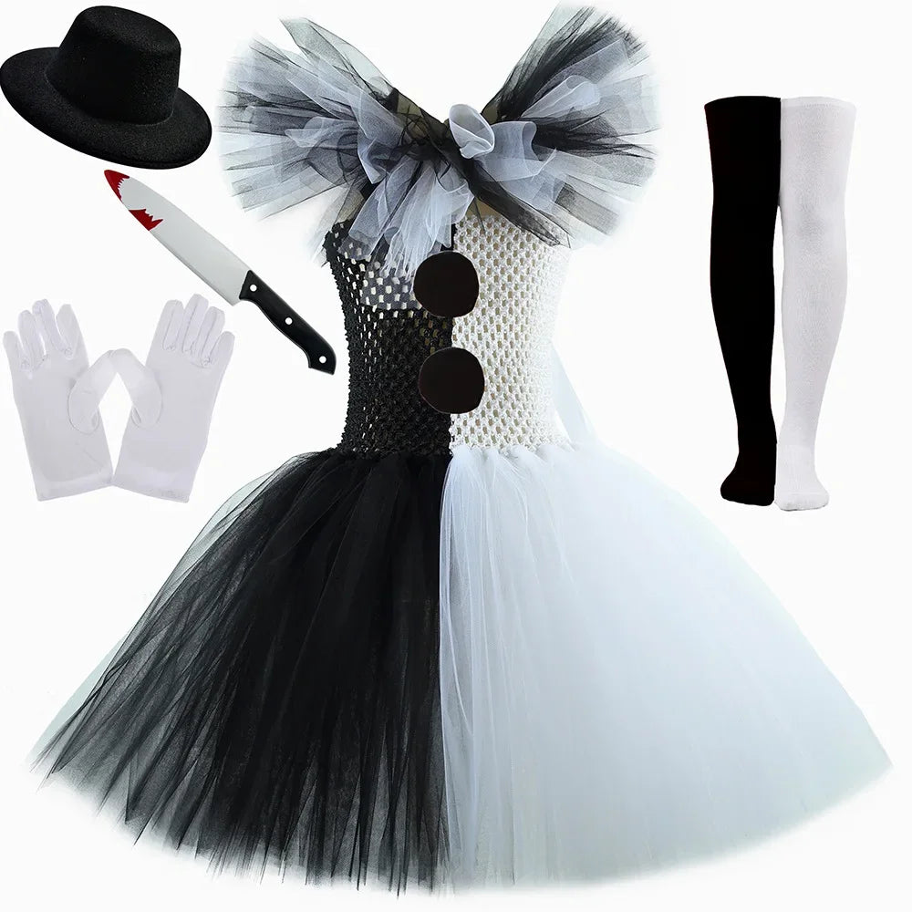 Terrifier Art The Clown Costume Girl Black White Fancy Tutu Dress Horror Joker Dress for Kids Halloween Carnival Party Costumes by Geo’s Online Store