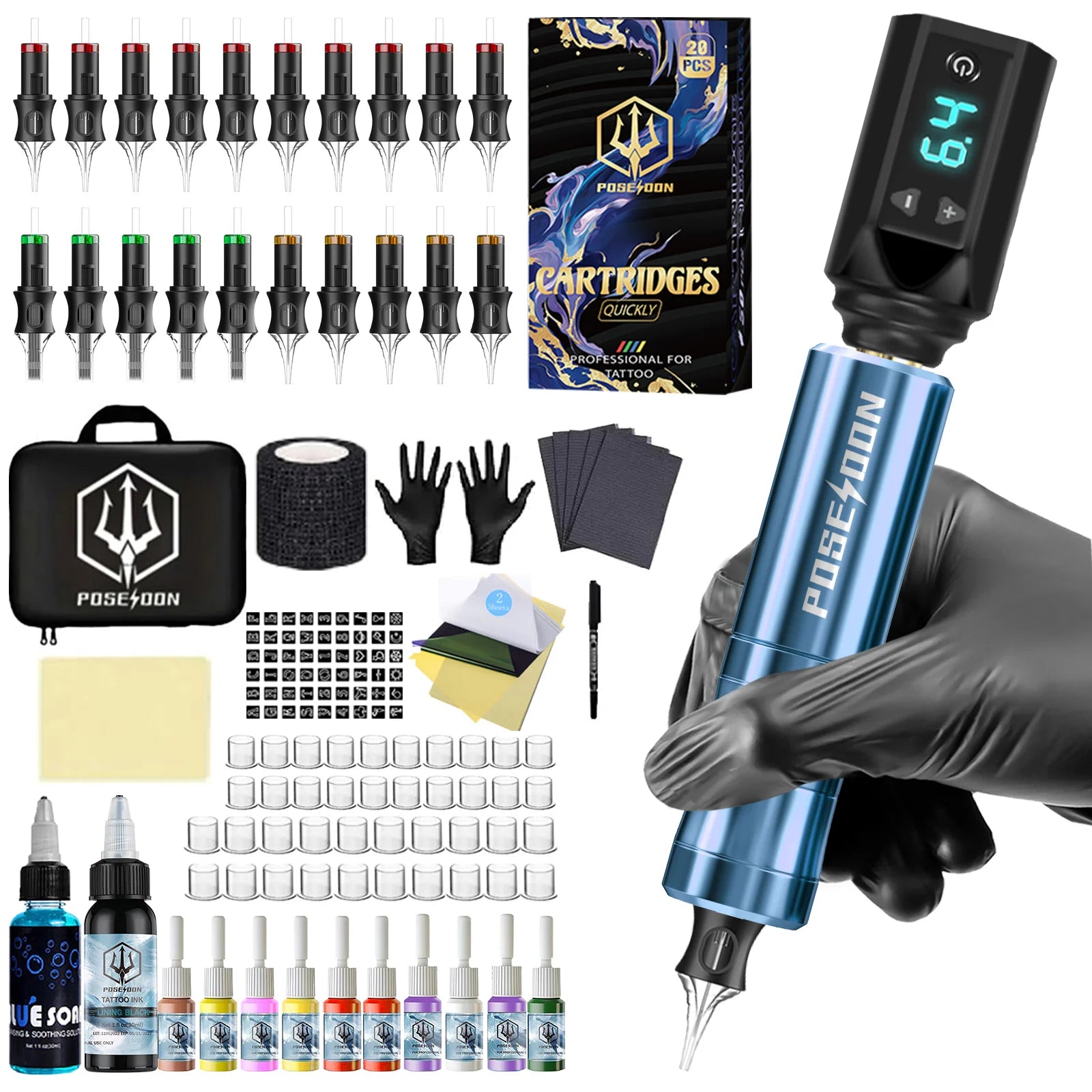 Tattoo Kit POSEIDON V5 High Quality Tattoo Pen Kit For Permanent Makeup Tattoo Machine Wireless Tattoo Power Supply Tattoo Kit by Geo’s Online Store